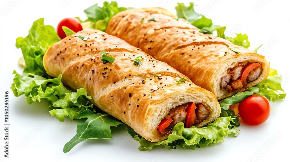 Two sausage rolls with a side salad on a plate. Two sausage rolls with a side salad on a plate.