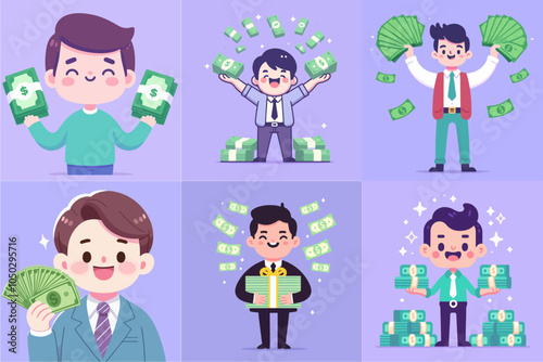 collection of people with a a lot money. success people concept. isolated on purple background