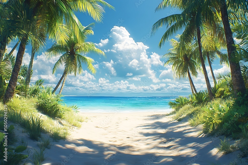 Fototapeta premium Palm Trees Frame a Sunlit Path to the Beach