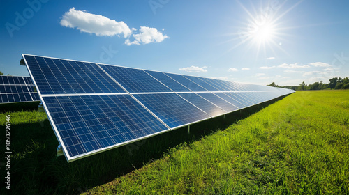 landscape photography, large solar farm adjacent to crop fields, powering the entire farm operation, clear sky with solar panels glistening, demonstrating the integration of green energy  photo