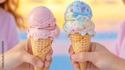 Two hands hold colorful ice cream cones, one pink and one blue, against a vibrant sunset background, evoking a joyful summer moment.
