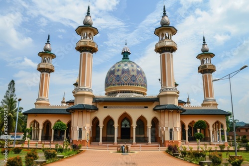 Masjid wilayah persekutuan is showing its impressive architecture with its domes and minarets, in kuala lumpur, malaysia photo