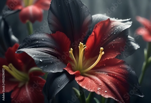 Red amaryllis on a dark background with dewdrops, mysterious and elegant ambiance photo