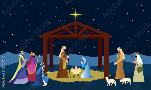 Christmas Nativity scene background. The Adoration of Magi. Vector illustration.