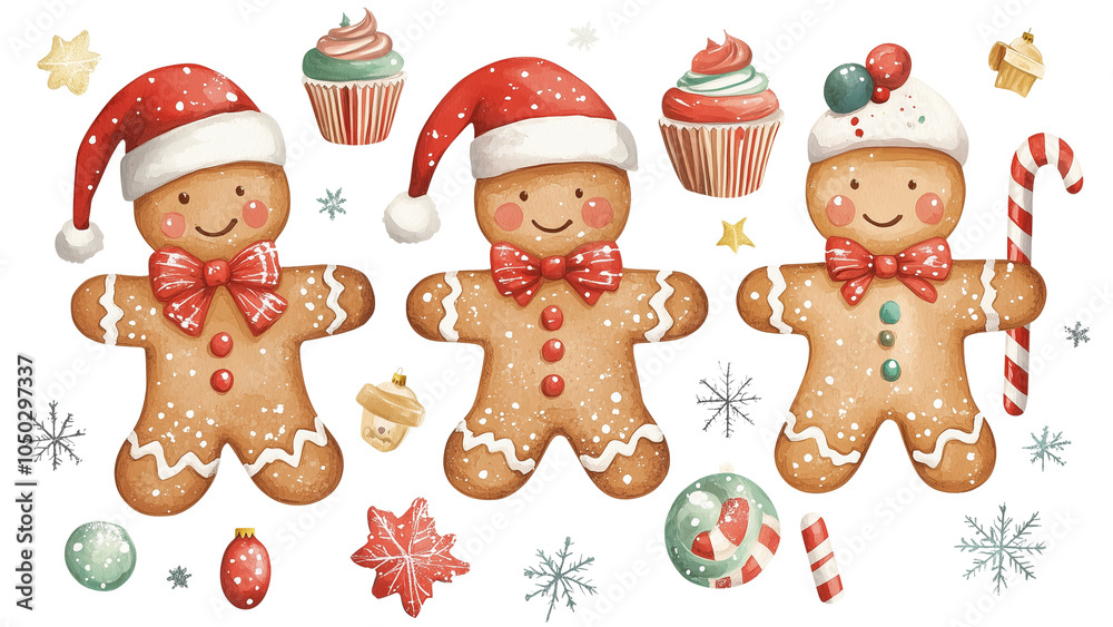 a set of four cheerful gingerbread cookies, cute character with a Santa hat, other Christmas-theme decorations surrounded by Christmas elements, cupcakes, stars, candy cane ,snowflakes a set of four cheerful gingerbread cookies, cute character with a Santa hat, other Christmas-theme decorations surrounded by Christmas elements, cupcakes, stars, candy cane ,snowflakes