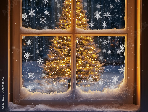 Lit christmass tree reflected in a window