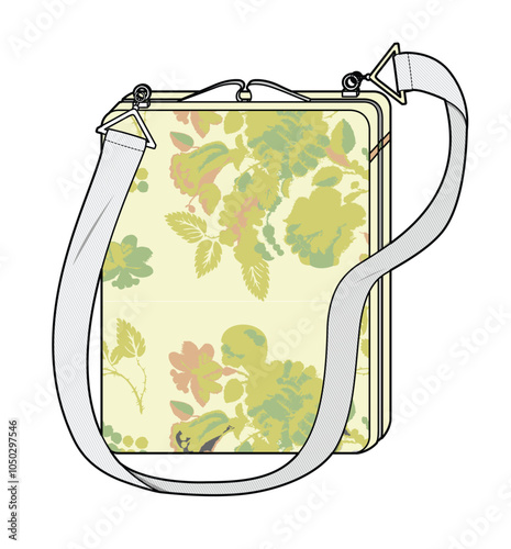Print crossbody bag technical illustration vector mockup template.