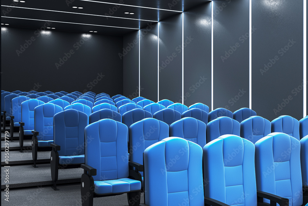 Fototapeta premium Modern cinema hall interior with blue seats in a dark room. 3D Rendering