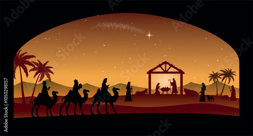 Christmas Nativity scene background. Three wise men arrive at the stable. Vector illustration.