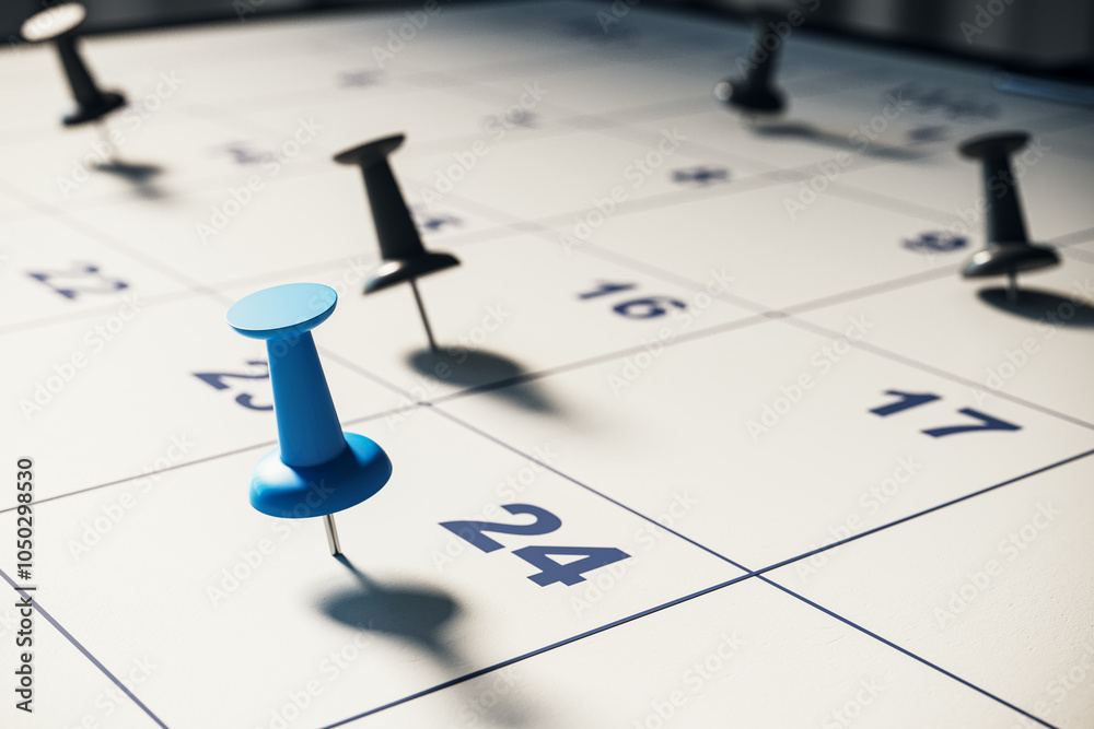 Close-up of a calendar with pushpins marking specific dates. 3D Rendering Close-up of a calendar with pushpins marking specific dates. 3D Rendering