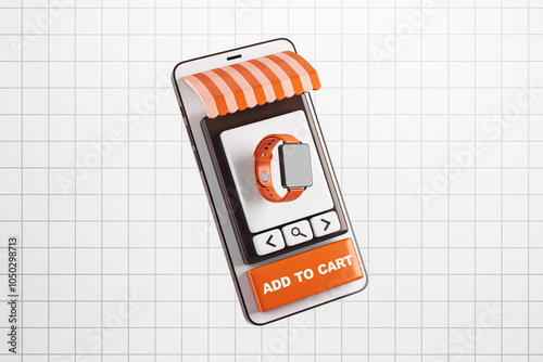 Smartphone showing online shopping interface with a smartwatch and Add to Cart button. 3D Rendering photo