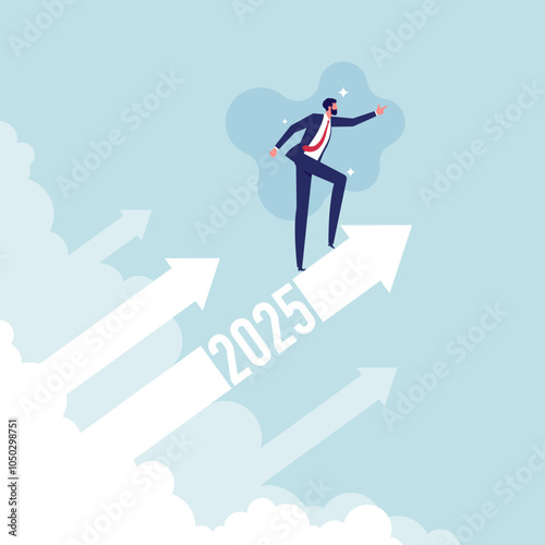 Overcome business difficulties concept, ambitious businessman riding 2025 arrow going up. New year resolution or success opportunity, change to new innovation business