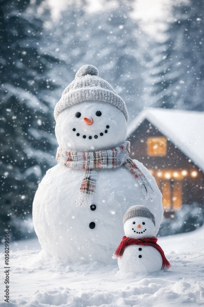 Obraz premium Cute snow man in snow field with cozy house. Winter holiday theme.