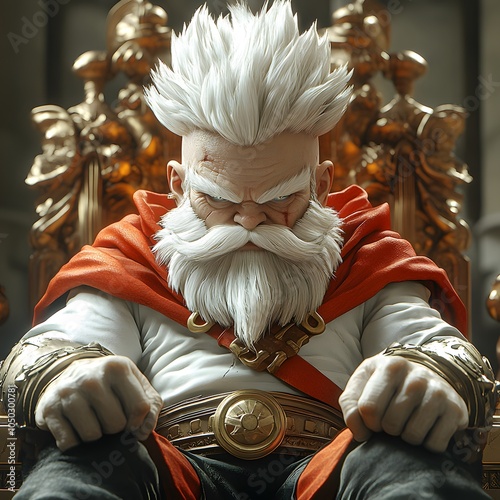 Powerful 3D character king sitting on a grand throne with a fierce expression and a flowing cape in a lavish castle