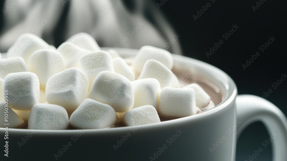 Closeup of hot cocoa with marshmallows, steam rising, perfect winter treat, focus cover all object, deep depth of field, no blur, photo not dark, everything is clear, copy space Closeup of hot cocoa with marshmallows, steam rising, perfect winter treat, focus cover all object, deep depth of field, no blur, photo not dark, everything is clear, copy space