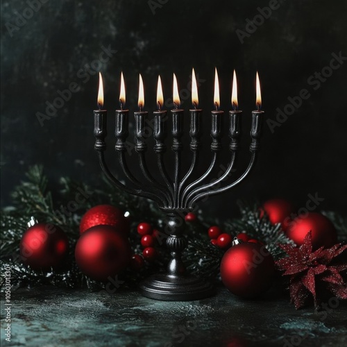 Menorah on a table next to Christmas decorations, bright holiday blend, focus cover all  object, deep depth of field, no blur, photo not dark, everything is clear, copy space photo