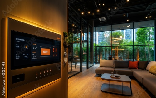 Sleek Smart Home Energy Control Panel in Modern Living Room. Energy Consumption Displayed, Comfort and Efficiency Combined.