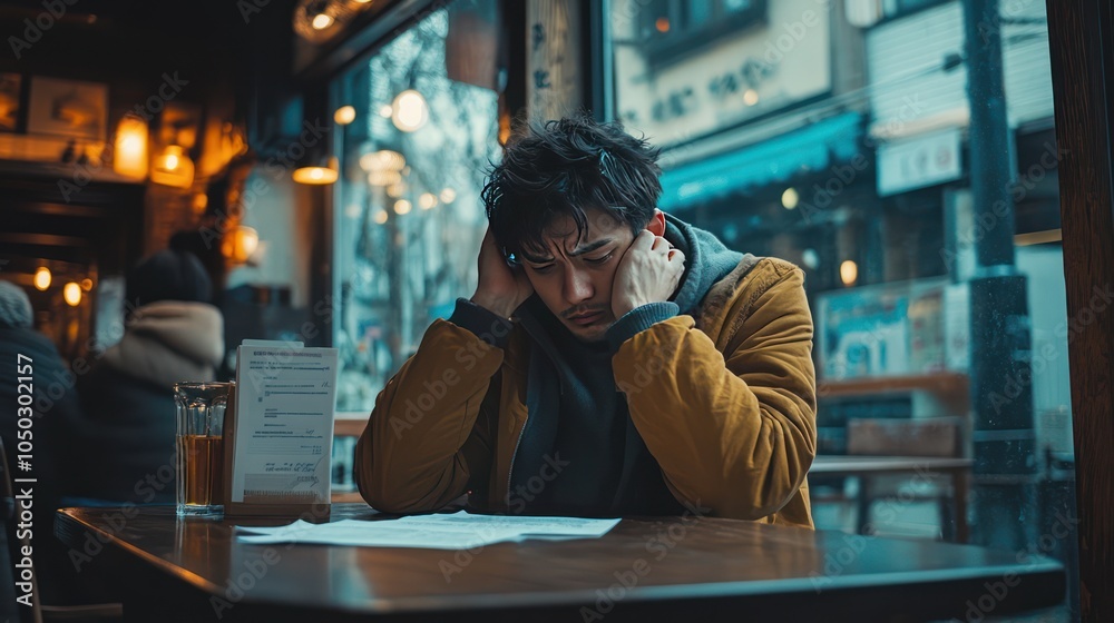 man sit sadly at a table with a bill letter man sit sadly at a table with a bill letter