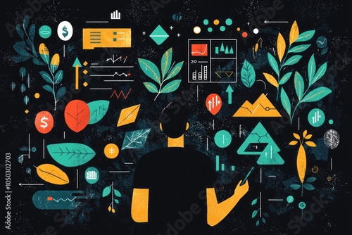 Strategic Planning for 2025: Person Analyzing Growth Trends with Vibrant Icons and Arrows on Digital Interface