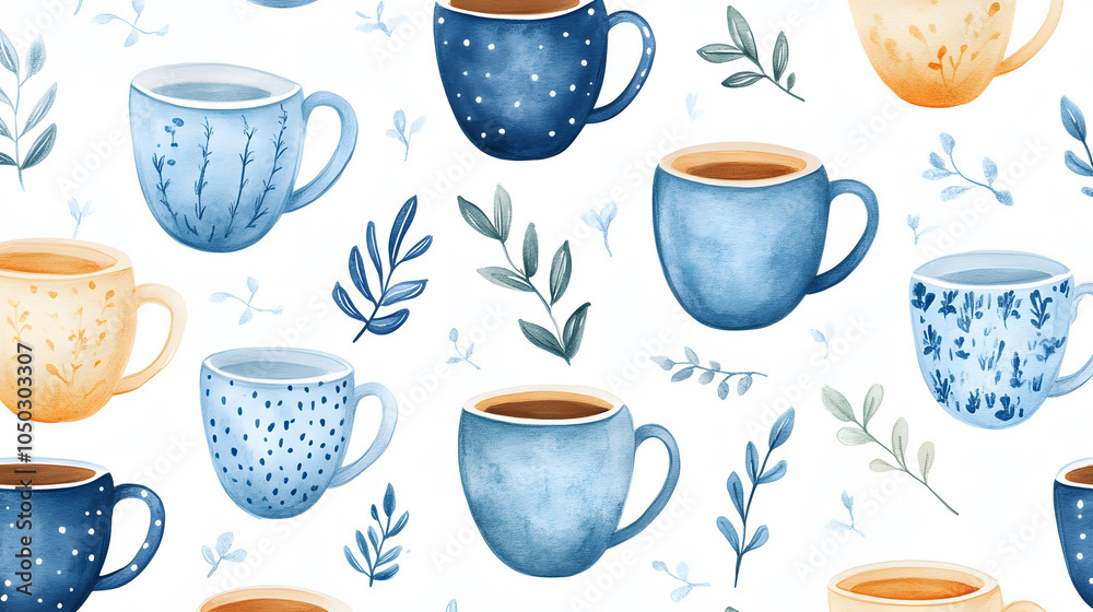 Blue floral and drop patterns on a white mug and saucer, perfect for coffee or tea, ideal for a cozy breakfast setting