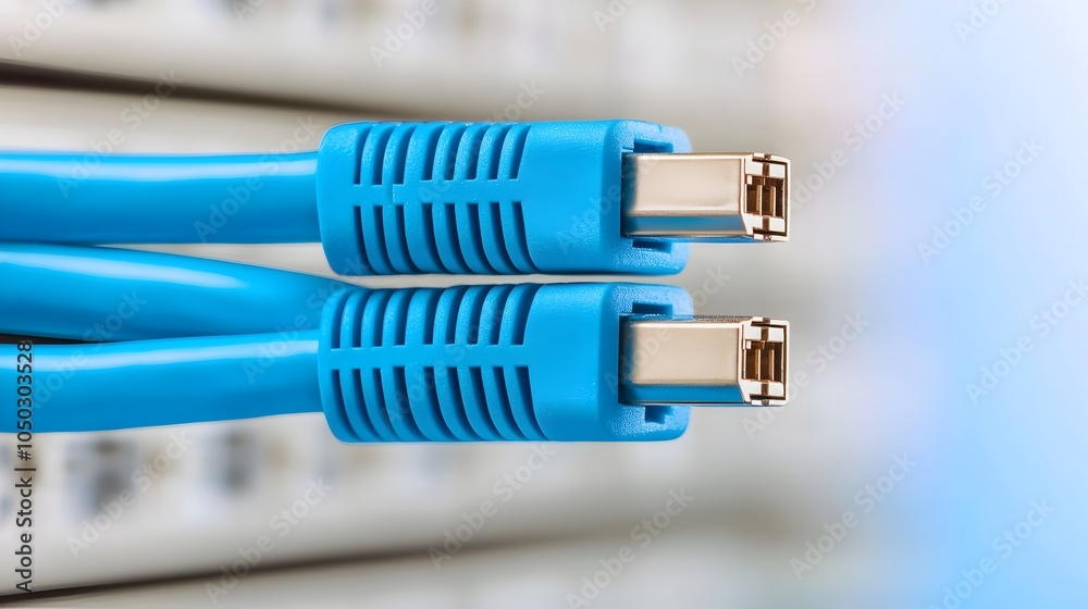 Closeup of a Blue Ethernet Cable Firmly Connected to a Server Port Highlighting the Precise Details of Modern Networking Hardware Closeup of a Blue Ethernet Cable Firmly Connected to a Server Port Highlighting the Precise Details of Modern Networking Hardware