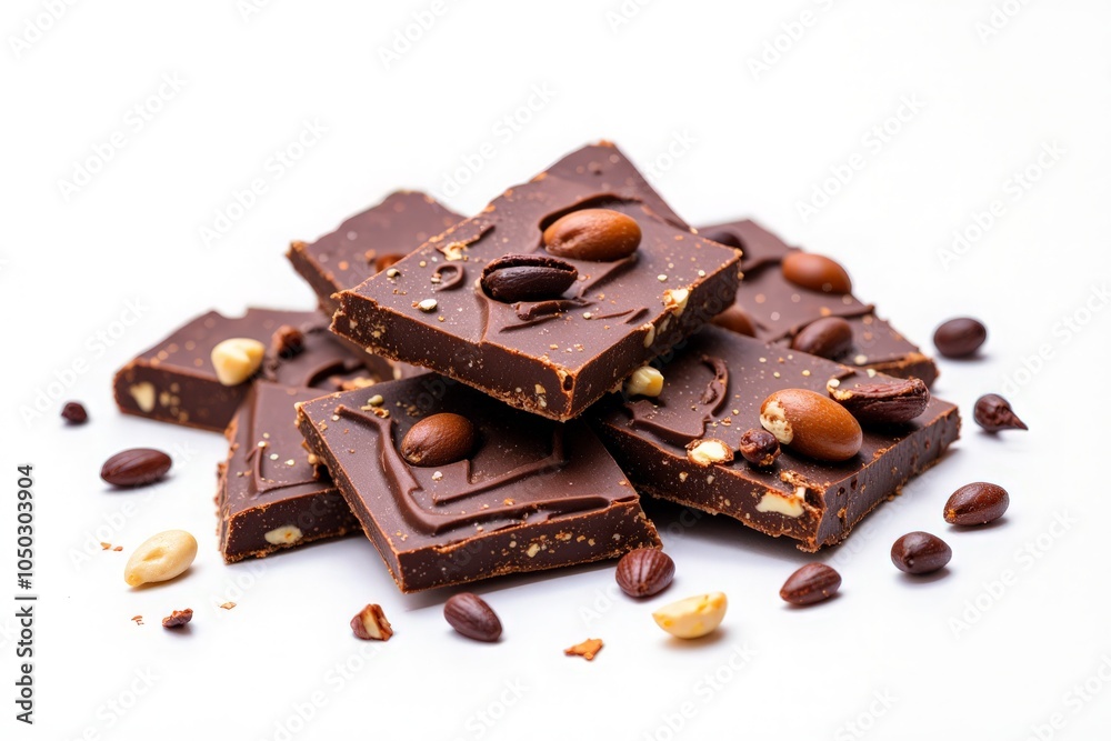 Pieces of chocolate with nuts on a white background, close-up, horizontal