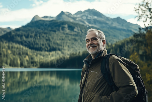 Homem mais velho feliz em pé no parque natural apreciando a paisagem do parque natural. Sorrindo viajante ativo maduro explorando acampamento turismo natureza lago e montanhas viagem jornada  photo