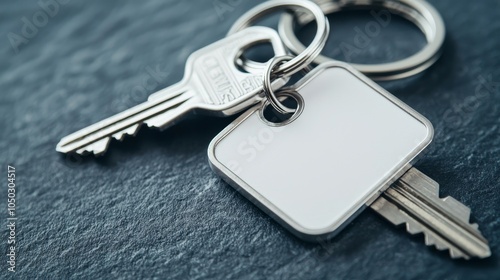 Keys with keychain on a textured surface, ready for use. photo