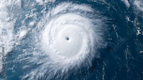 satellite imagery showcases a fierce storm raging over the vast ocean with powerful winds spinning clouds into a dramatic swirling vortex  The dark sea surface is stirred by the storm s intensity photo