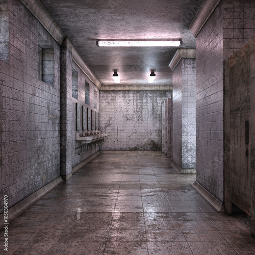 3d render of a neglected public bathroom. No AI used