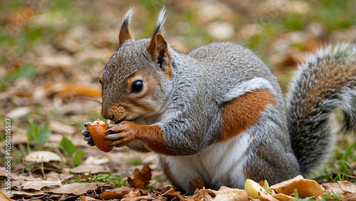 A gray squirrel sits on the ground, eating a nut.