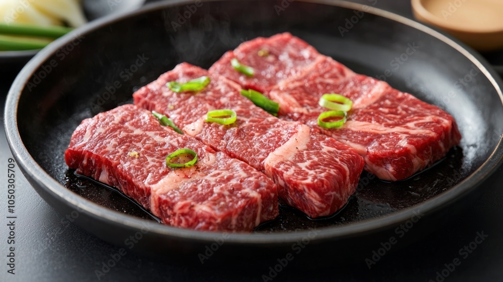 Fresh Marbled Beef Steaks with Green Onions in Skillet - High-Quality Image for Food and Culinary Concepts Fresh Marbled Beef Steaks with Green Onions in Skillet - High-Quality Image for Food and Culinary Concepts