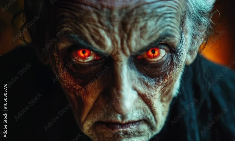Close-Up of Scary Elderly Man with Intense Glowing Eyes in Low Light Close-Up of Scary Elderly Man with Intense Glowing Eyes in Low Light