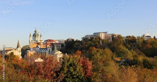 Beautiful view of St. Andrew's Church and St. Andrew's Descent in Kyiv, Ukraine