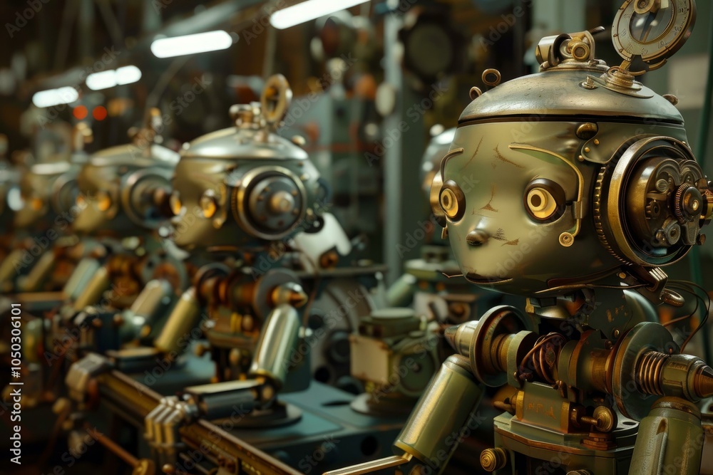 Fototapeta premium Row of vintage robots standing in a factory, waiting to be put to work
