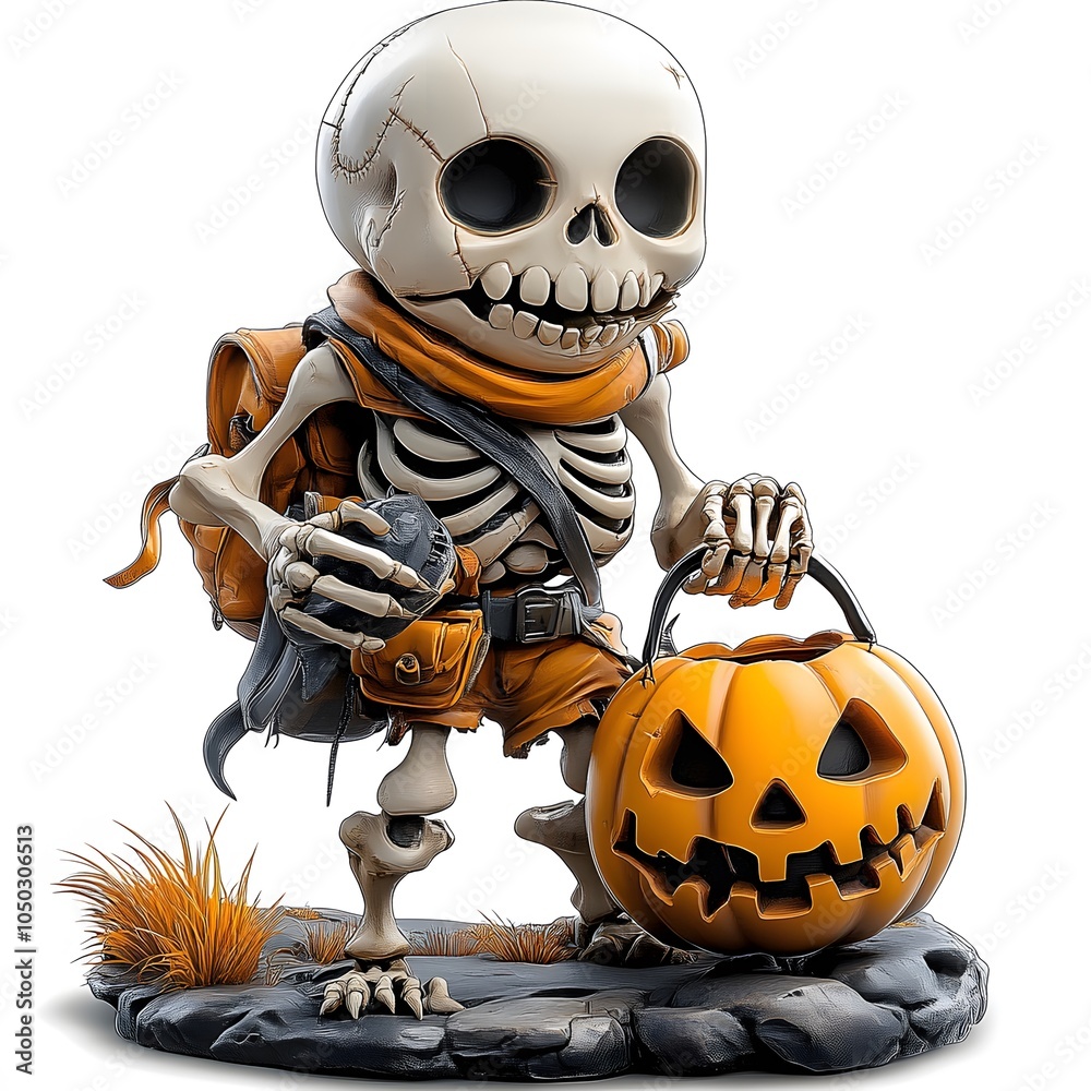 3D character skeleton holding a pumpkin lantern with a spooky grin in a haunted pumpkin patch