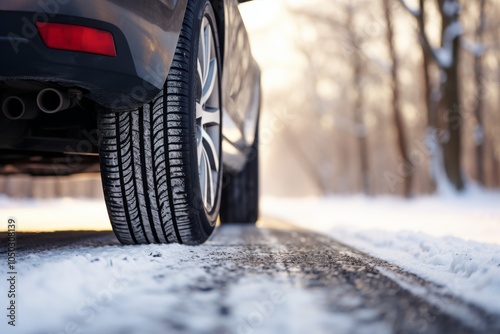 Close up of car tires leaving tread marks on a snowy and icy winter road surface photo