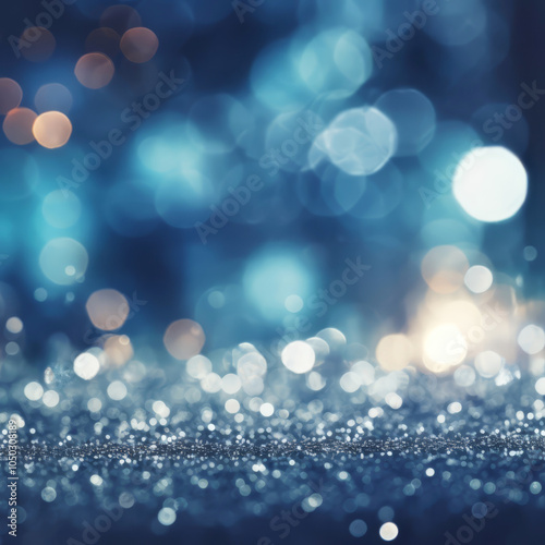 Blue bokeh lights with snow effect for a magical winter and Christmas background