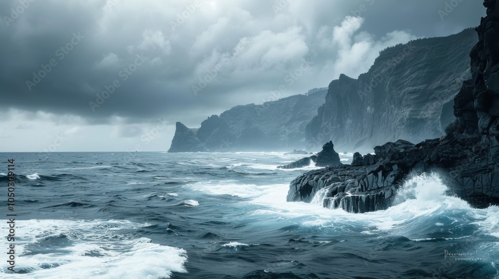 A dramatic view of the rugged coastline and dramatic cliffs of the Azores with crashing waves and volcanic rock formations, coastal setting with dark grays and bright blues, Azores style A dramatic view of the rugged coastline and dramatic cliffs of the Azores with crashing waves and volcanic rock formations, coastal setting with dark grays and bright blues, Azores style