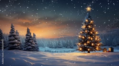 Majestic Christmas Tree Illuminated with Lights in a Snow-Covered Winter Forest at Dusk, with Falling Snowflakes and Presents Underneath