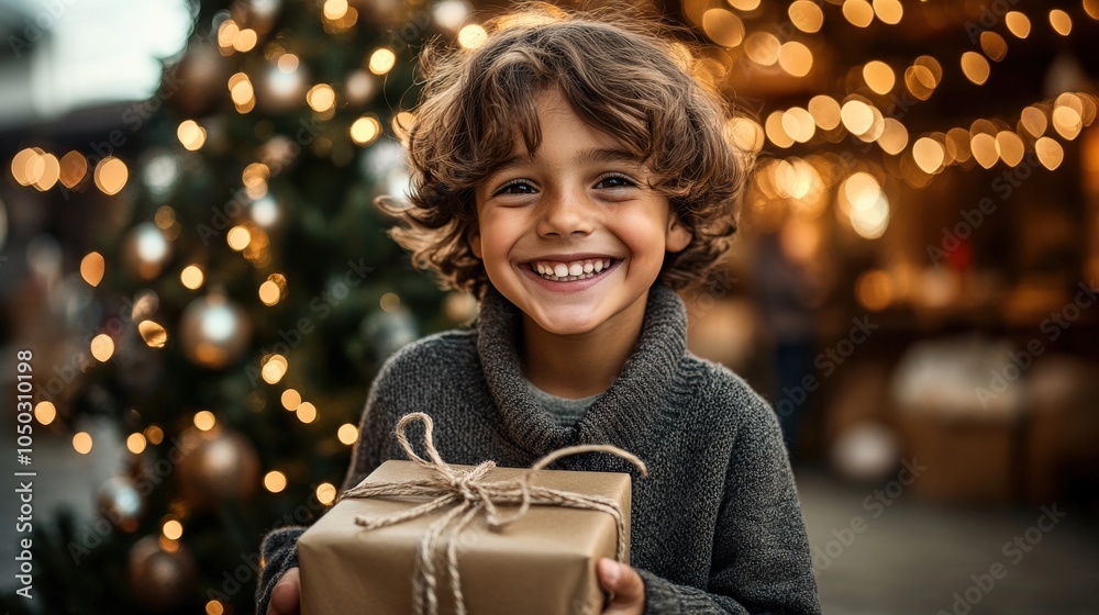 A child smiling as they place a carefully wrapped gift under the tree, with twinkling lights and ornaments filling the background. A child smiling as they place a carefully wrapped gift under the tree, with twinkling lights and ornaments filling the background.
