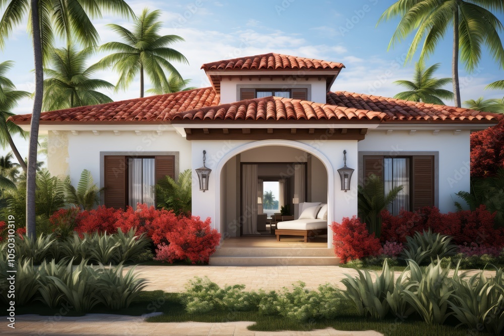 Fototapeta premium Charming house facade with gray walls, white accents, red tiled roof, and lush tropical garden