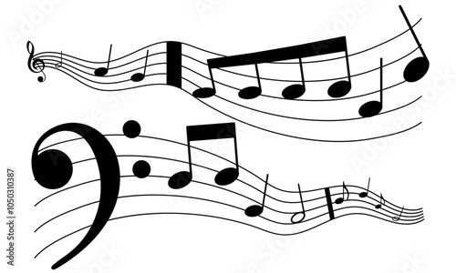Musical notes wave and stave, treble and bass clef, song or sheet music design, flat vector