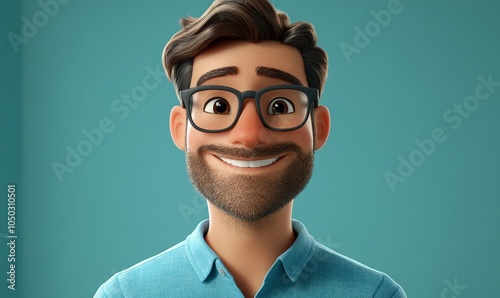 Cheerful Smiling Cartoon Man with Glasses in Blue Shirt, 3D Character Portrait, Happy Expression Concept, Generative AI