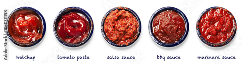 Various homemade tomato sauces in bowls isolated on a transparent background has a light shadow