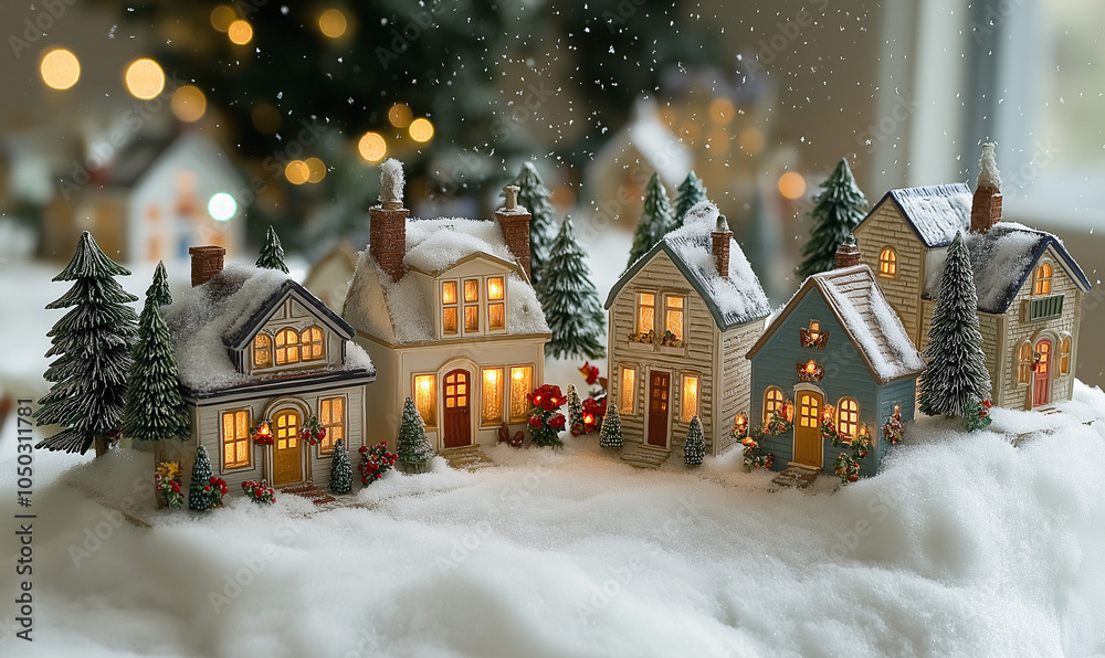 Naklejka premium Snow-Covered Christmas Village at Night
