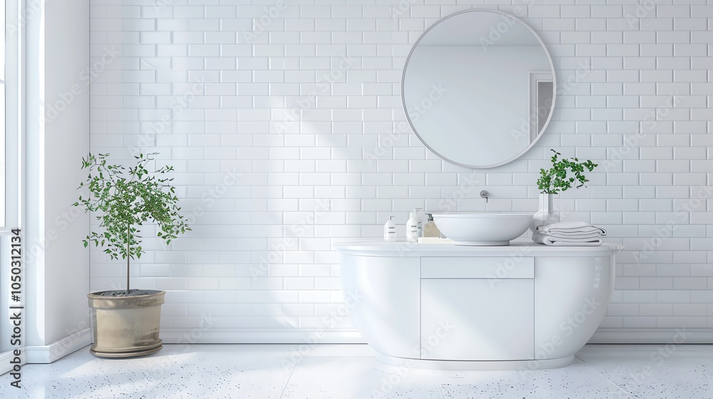 Fototapeta premium Minimalist white bathroom with plants and mirror.