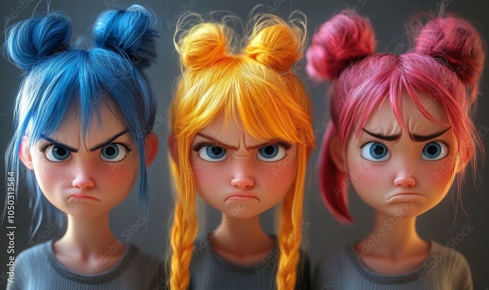 Obraz premium Angry Stressed Mad Cartoon Female Teens - Teen Girls with Colorful Hair in 3D Style Expressing Frustration and Stress - Conceptual Emotions and, Generative AI