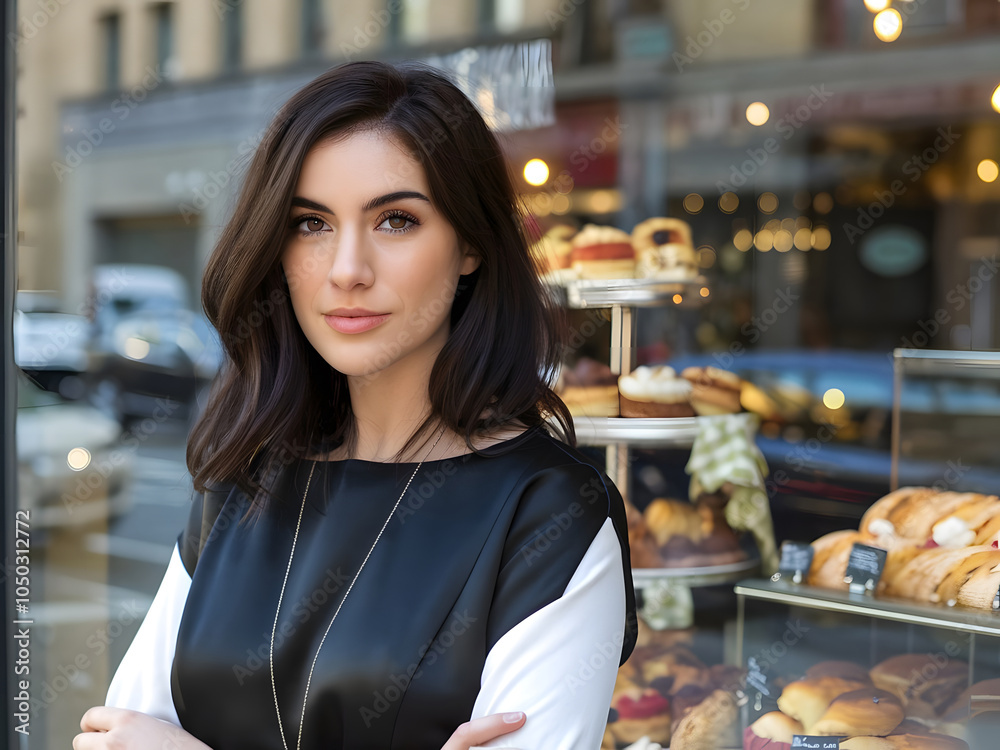Naklejka premium Hermosa mujer propietaria de una pequeña empresa. Ella está parada frente a su panadería o cafetería. 