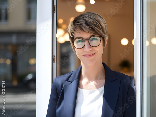 Hermosa mujer propietaria de una pequeña empresa, parada en la entrada de su tienda
 photo